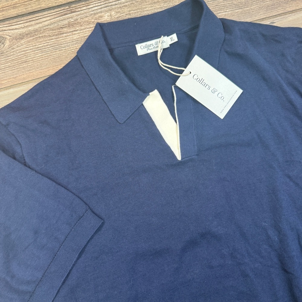 Collars & Co Mens Size XL Sweater Polo Navy Blue Pure Cotton Short Sleeve NEW